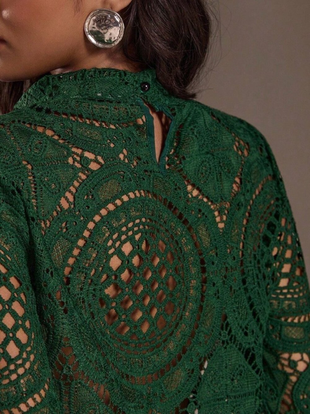 Dark Green Casual Women's Long Sleeve See-Through Top - Picture 4 of 6